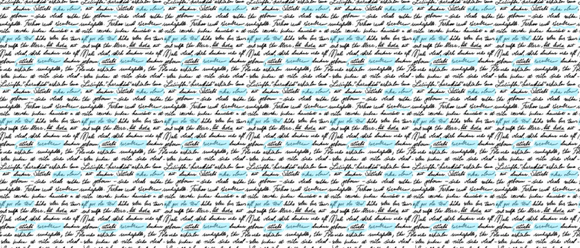 Illegible handwritten text script paper overlay background vector illustration with seamless cursive writing pattern and blue marker highlighter for vintage journal banner