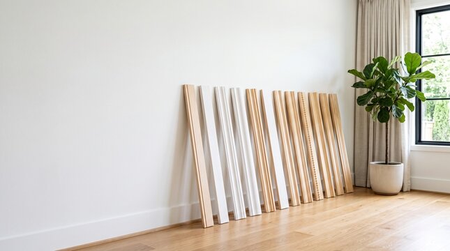 Diverse Finish Carpentry Door Casing Profiles Leaning Against a Pristine White Interior Wall