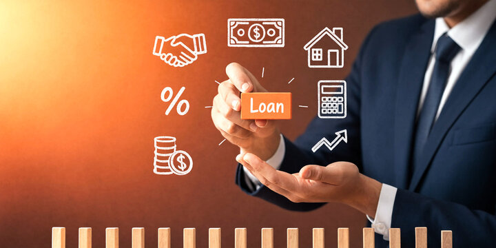 Businessman holding a loan block with financial icons for mortgage and investment planning.