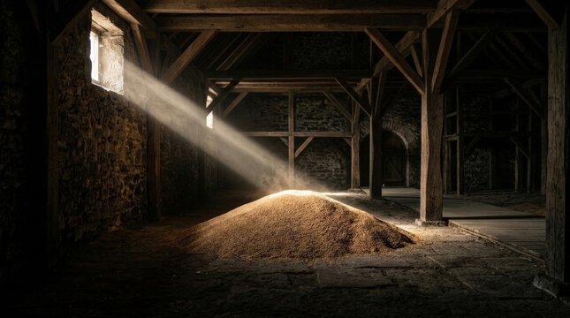 Sunlight streams through a rustic barn window, illuminating a large pile of chaff in a grain silo harvest scene, capturing a dusty atmospheric mood inside the ancient wooden building