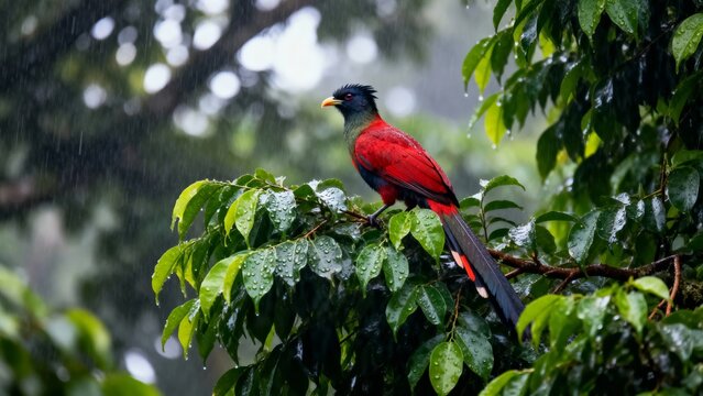 A vibrant bird with red plumage and a black head perches on a rain-drenched leafy branch in a lush forest setting.