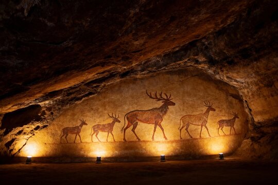 Prehistoric cave wall painting depicting a group of deer under artificial lighting