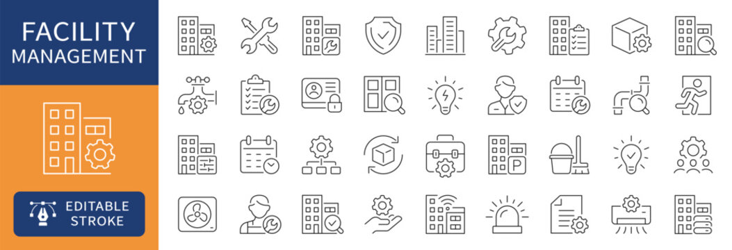 Facility management thin line icons set. Building maintenance, property services icons - Editable stroke. Vector