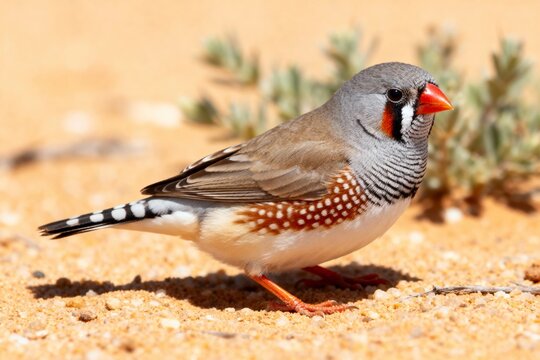 Zebra finch standing on sandy ground in a natural habitat