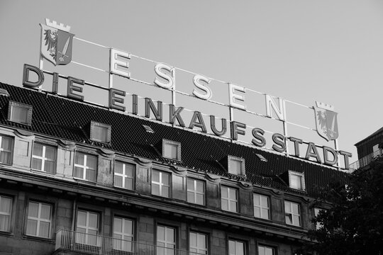 Essen - The Shopping City. Black and white retro vintage photo.