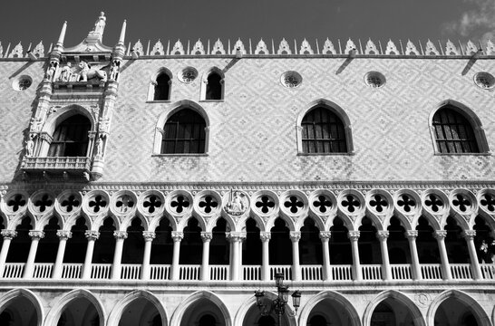 Doge's Palace, Venice. Architecture of Italy. Black and white retro style photo.