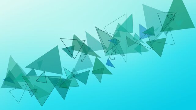 Abstract visual journey of floating geometric shapes, with numerous translucent teal triangles creating a dynamic and modern pattern on a serene blue gradient background for contemporary designs