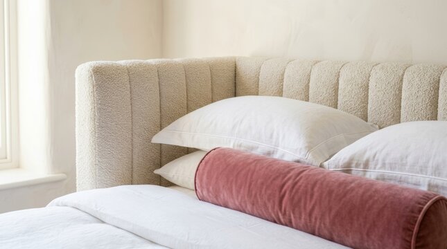 A beige boucle channel-tufted headboard with white pillows and a dusty pink velvet bolster cushion in a sunlit bedroom. Modern textured bedroom decor and soft furnishing detail.