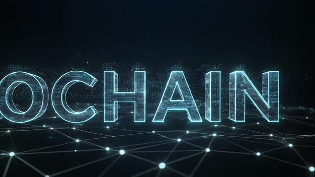 3D Blockchain Hologram Glowing in Digital Network Space for Fintech Innovation