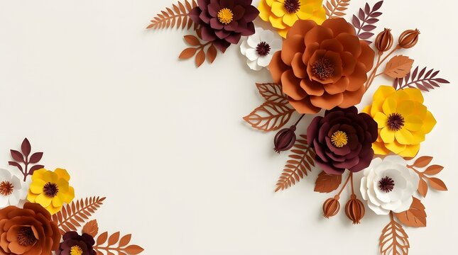 Beautiful autumn floral frame with colorful flowers and leaves on a light beige background