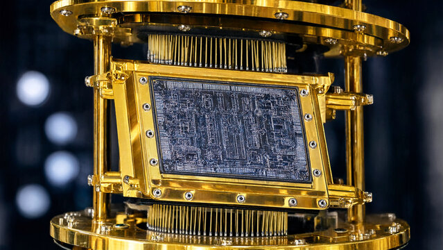 Macro view of a gold quantum processor chip inside a cryogenic cooling system laboratory.