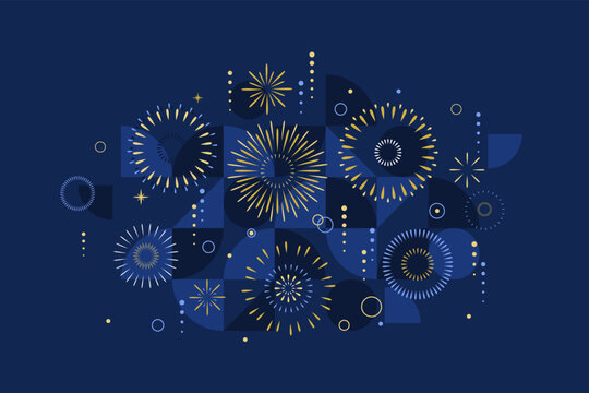 Fireworks vector background illustration on dark blue with golden geometric sparks. Elegant festive design for New Year 2027 cards, celebration banners, posters, event covers