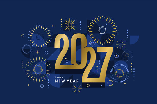 2027 Happy New Year vector banner background with golden geometric numbers, fireworks on dark blue. Elegant festive design ideal for celebration cards, web headers, luxury event posters