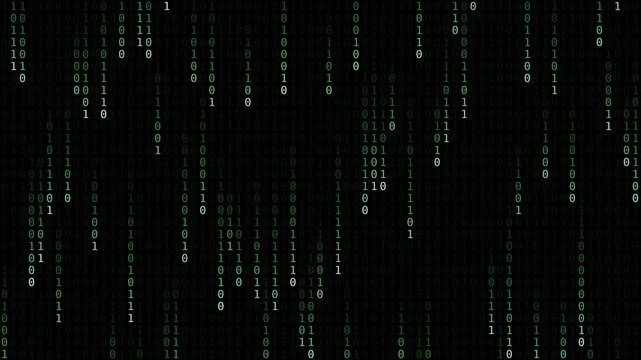 Green binary digits falling in columns with bright leading characters and fading trails. Seamless digital rain loop for hacking and cyber themes.