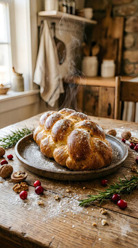 A beautifully baked holiday challah bread with festive garnishes and rustic charm