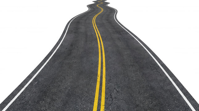 Winding asphalt road with yellow and white lines isolated on a transparent background