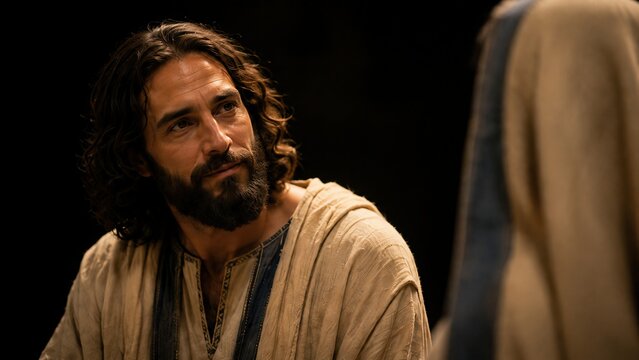 Jesus talking with Samaritan woman at Jacob well. Biblical scene of conversation about living water and eternal life