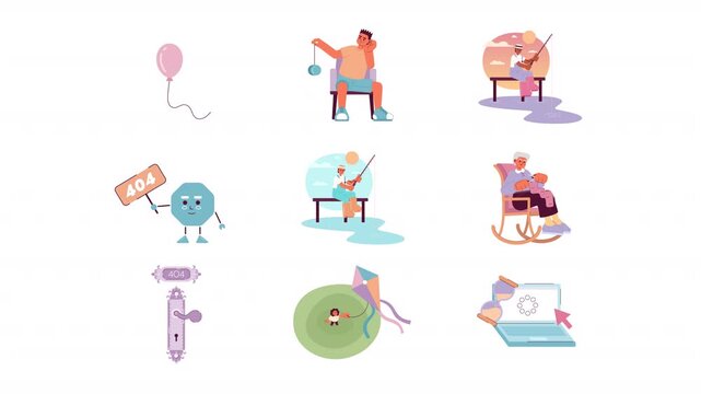Leisure activities with waiting and 404 error cartoon animation pack. Slow connection. Fishing and knitting pastime. Various hobbies animated flat 4K video collection on transparent background