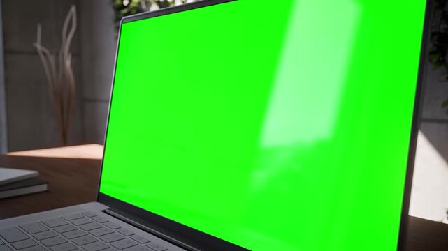Laptop with Green Screen on Office Desk with Plants in Concrete Industrial Interior - Perspective Close-up View