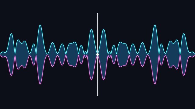 Flowing cyan and pink audio waveform with mirrored peaks and a moving playhead. Seamless loop for music, podcast and audio production visuals.