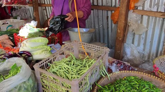 Video of Vendor packs produce in a plastic bag. Vibrant green beans fill wooden crates and woven baskets. Cabbage, corn, and peppers surround the display. The scene suggests a bustling local market. 