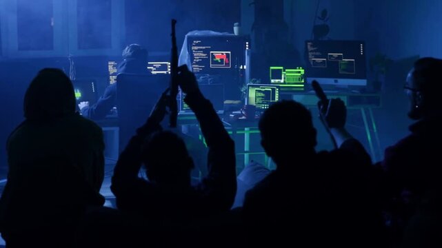 Hooded Figures In Futuristic Digital Cyber Environment