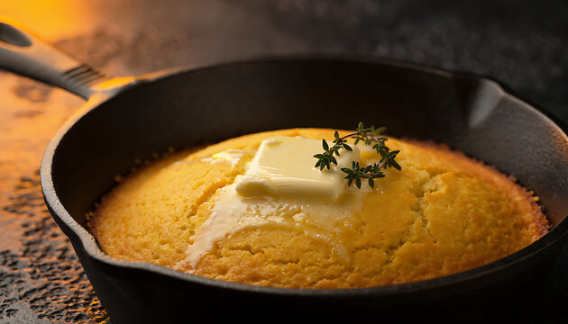 Close Up of Golden Cornbread with Butter in Cast Iron Skillet on Stone Surface