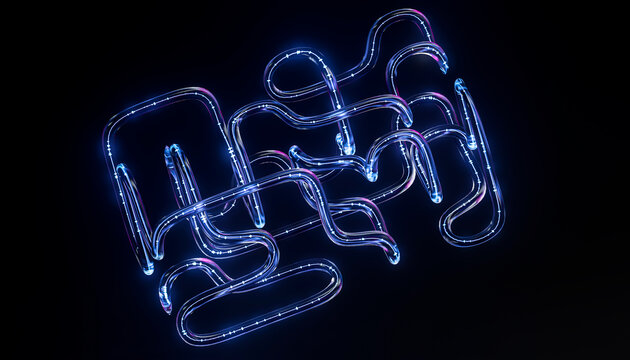 3D Chrome Interlock Design with Blue Violet Tubes and Reflective Curves for Futuristic Digital Technology Background