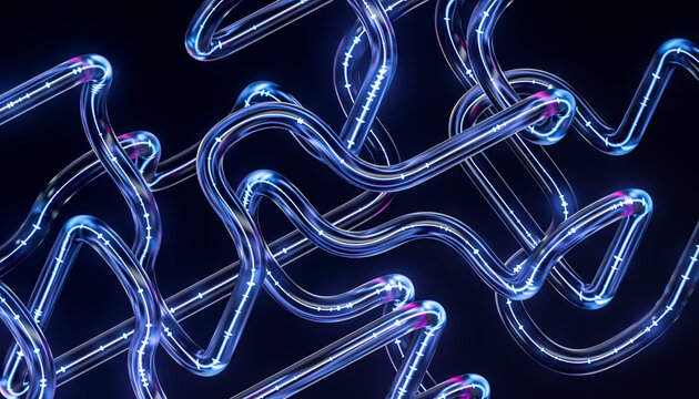 3D Cyan Organic Tangle with Turquoise Tubes and Soft Curves for Abstract Modern Technology Background and Wallpaper Design