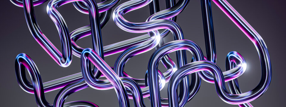 3D Metallic Ribbon Field with Pink Blue Curves and Reflective Surfaces for Futuristic Abstract Technology Background Design