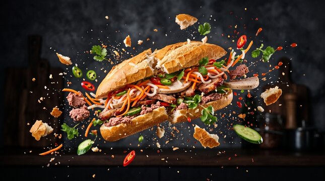 Exploding Banh Mi sandwich with flying ingredients on a dark background