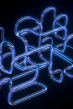 3D Neon Pathway Network with Blue Violet Tubes and Glowing Connections for Futuristic Digital Technology Background