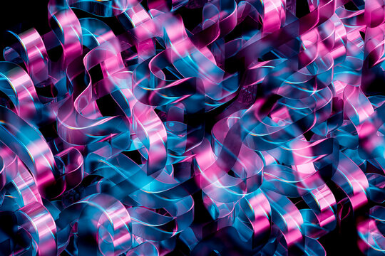 3D Pink Blue Ribbon Maze with Glossy Curves and Interwoven Geometry for Futuristic Digital Technology Background Wallpaper