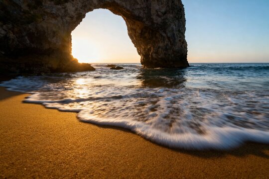 Sunset through a natural rock arch over a sandy beach with gentle waves
