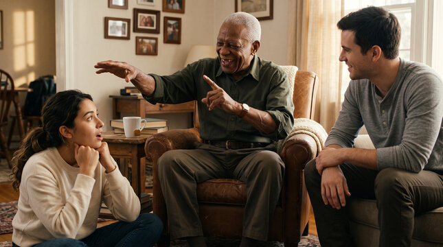 Old veteran sharing stories with family in living room, warm intergenerational conversation and remembrance