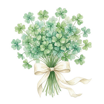 Bouquet of Lucky Clovers: A delightful watercolor illustration of a lush bouquet overflowing with vibrant green four-leaf clovers, tied with a cream-colored ribbon, symbolizing good fortune and luck.