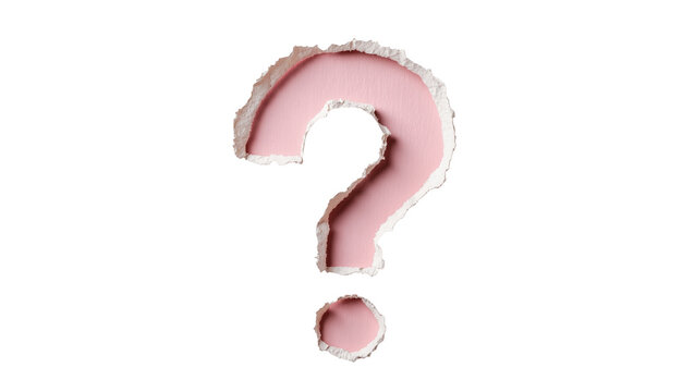 Torn paper question mark shape revealing pink surface, isolated on transparent background