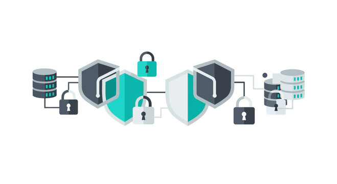 Cybersecurity network illustration featuring database servers protected by shields and padlocks for data privacy