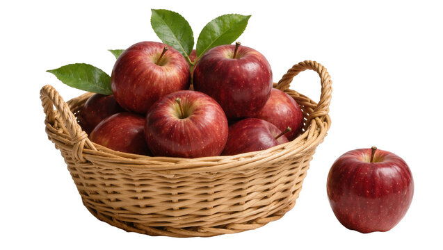 Woven basket overflowing with ripe red apples one apple beside it, isolated on transparent background