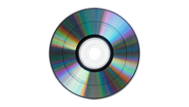 Shiny compact disc with rainbow spectrum reflections, isolated on transparent background