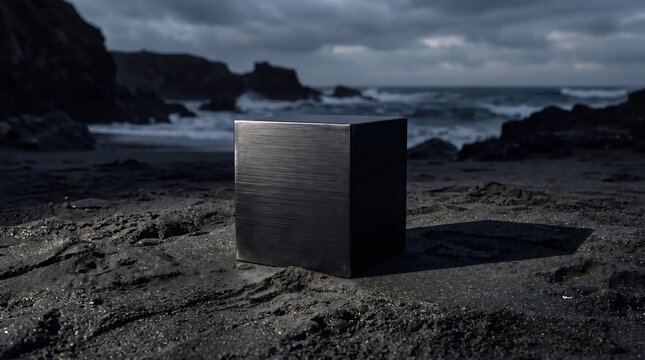 Minimalist brushed metal cube podium on dark black sand beach with stormy ocean background for product display