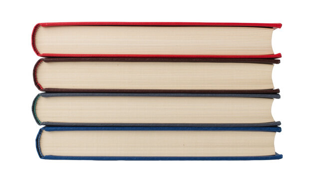 Stack of four hardcover books with red brown dark blue and blue covers, isolated on transparent background