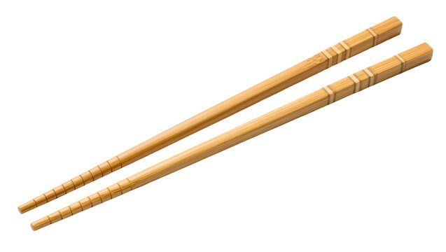 Natural bamboo chopsticks with carved rings, isolated on transparent background