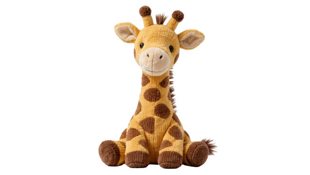 Soft plush giraffe toy with brown spots, isolated on transparent background