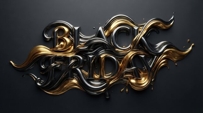 Liquid gold and black chrome black friday lettering flowing on a dark background with typography