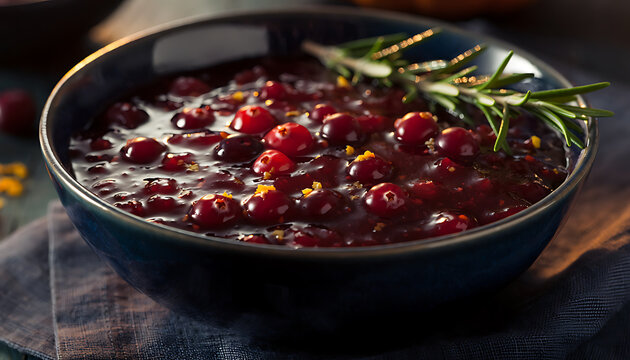 Close Up of Homemade Cranberry Sauce in Blue Ceramic Bowl on Dark Linen