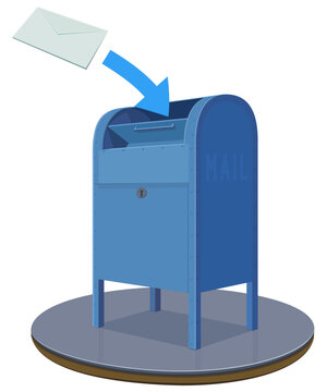 Classic blue street collection mailbox with an incoming letter and arrow representing USPS postal delivery, mail dispatch, communication, and courier logistics (cut out)