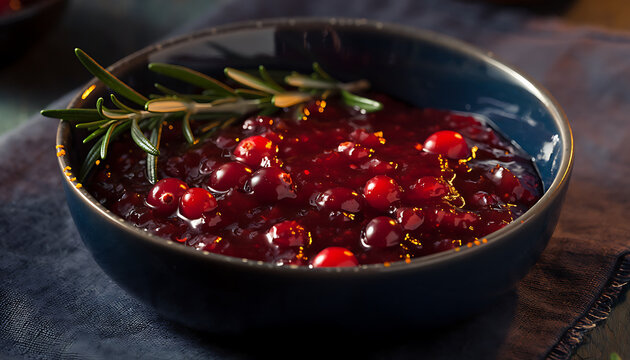 Close Up of Homemade Cranberry Sauce in Blue Ceramic Bowl on Dark Linen