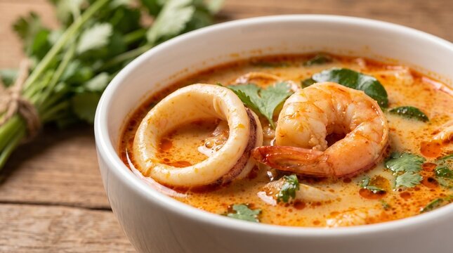 Spicy Thai Seafood Tom Yum Soup with Shrimp and Squid Ring in White Bowl