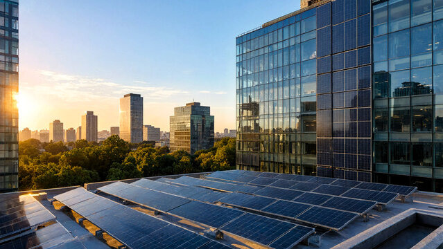 Solar panels on modern office building rooftop at sunset in a sustainable green city.